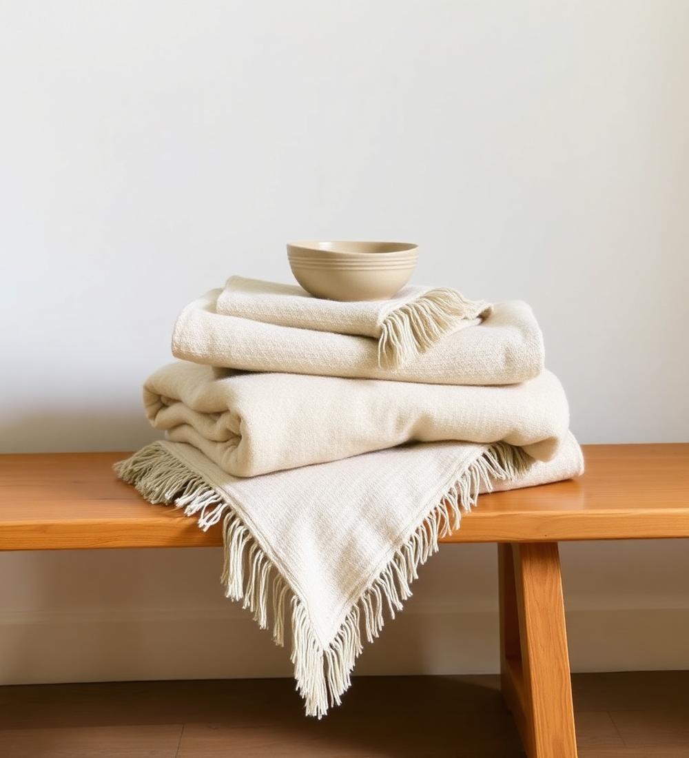 Folded blankets on bench